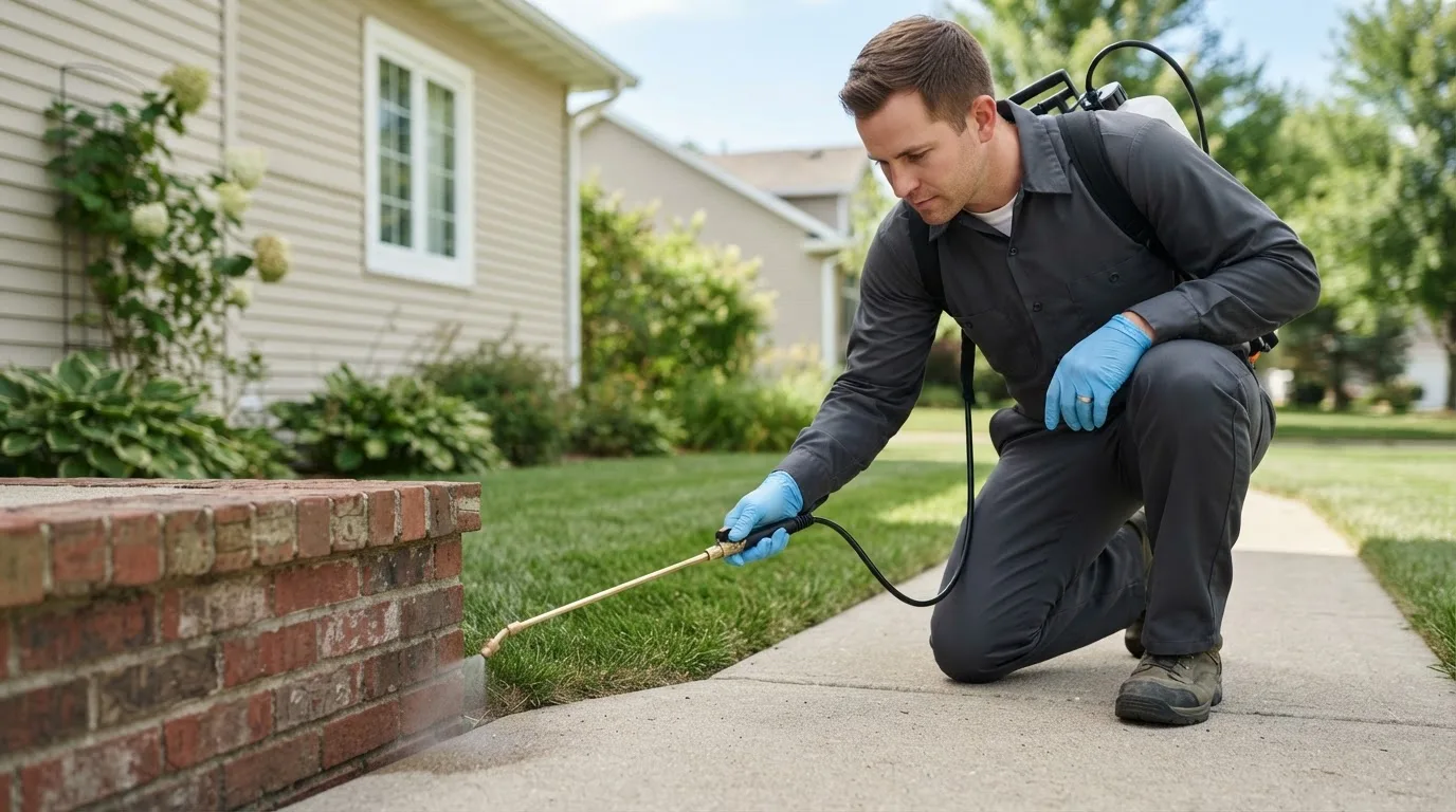 Pest control technician treating a home near Berryton, KS